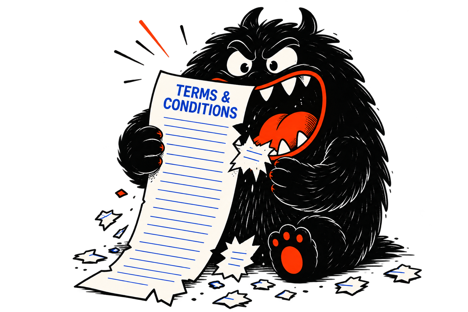 The PropFirm.Monster mascot tearing a bite out of a Terms & Conditions document.